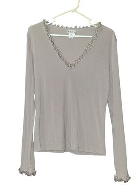 Casual V-Neck Long Sleeve Top with Ruffle Trim - Taupe